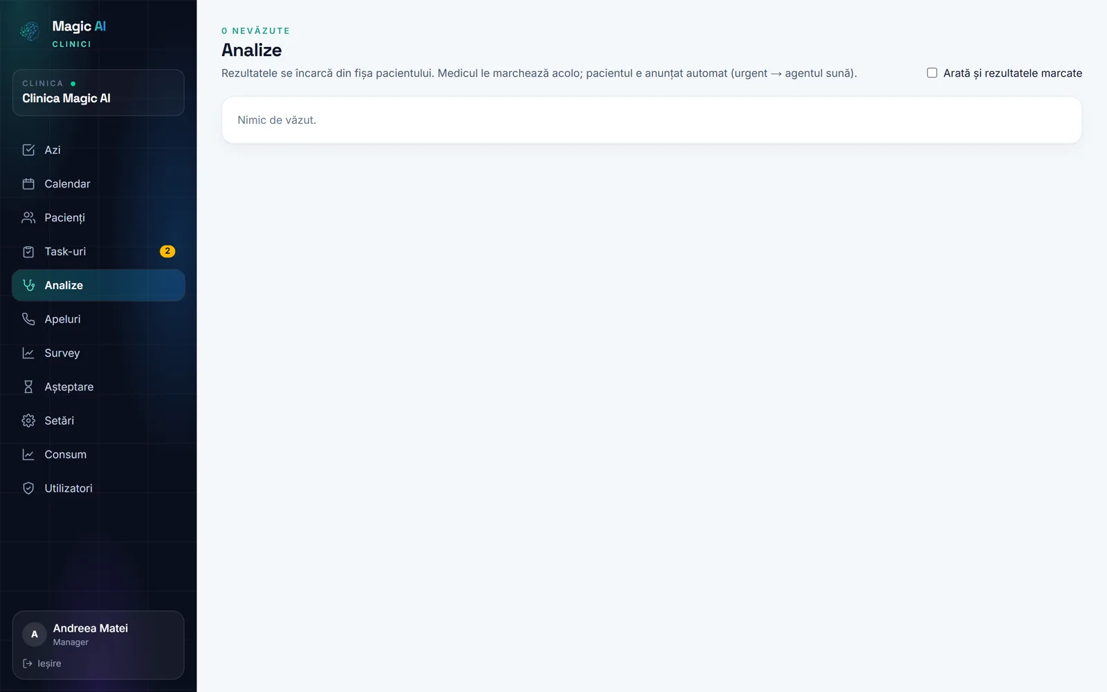 Lista rezultatelor de analize, cu marcajele medicului