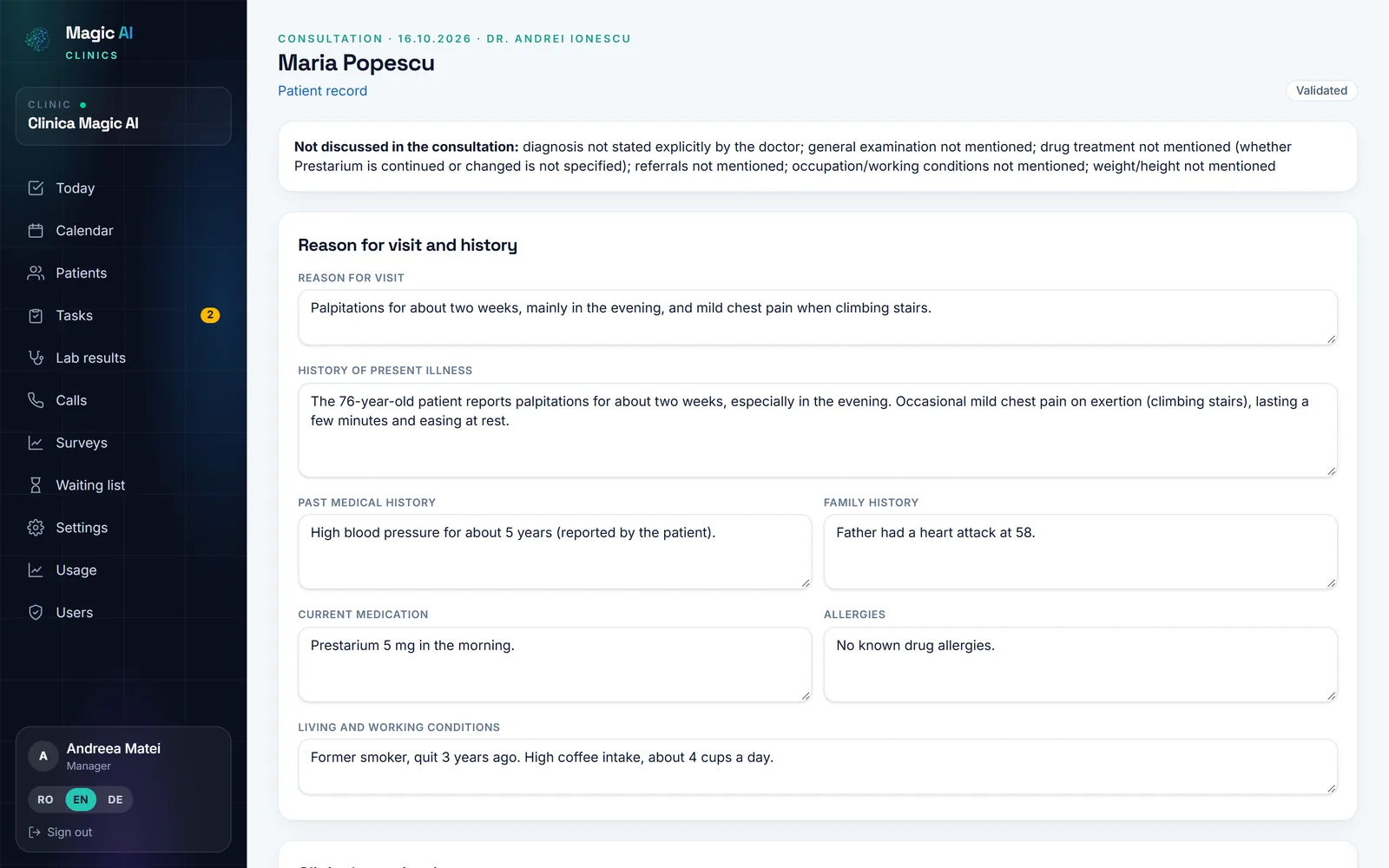 The AI-drafted consultation note, with structured sections, a proposed ICD-10 code and quotes from the conversation