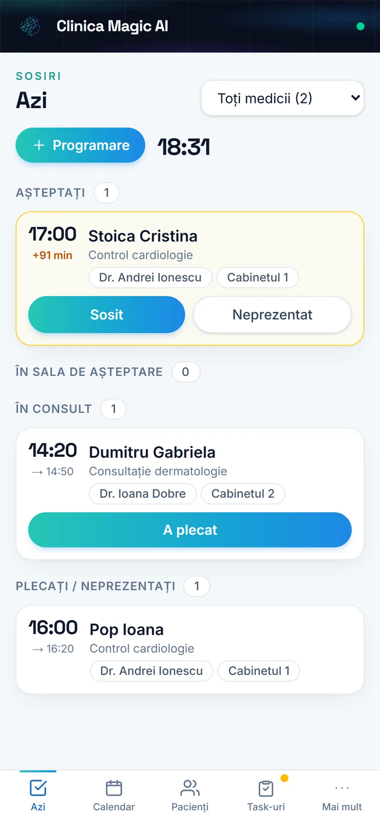 Aplicația clinicii pe telefon, ecranul Azi
