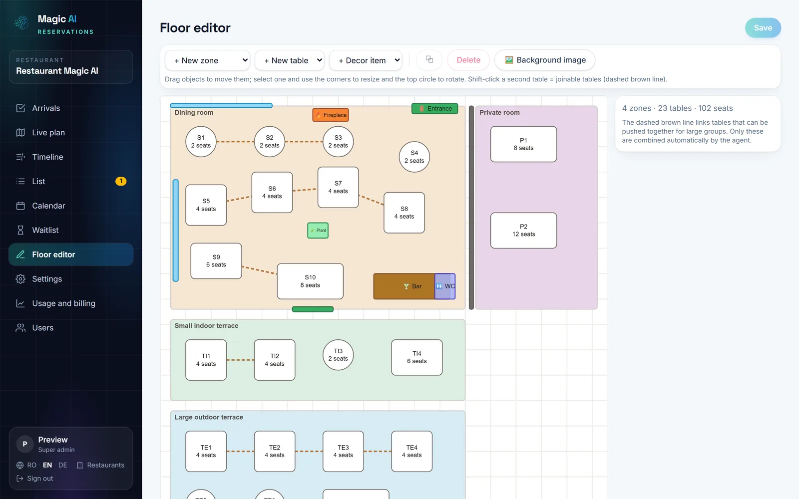 The restaurant's floor plan editor