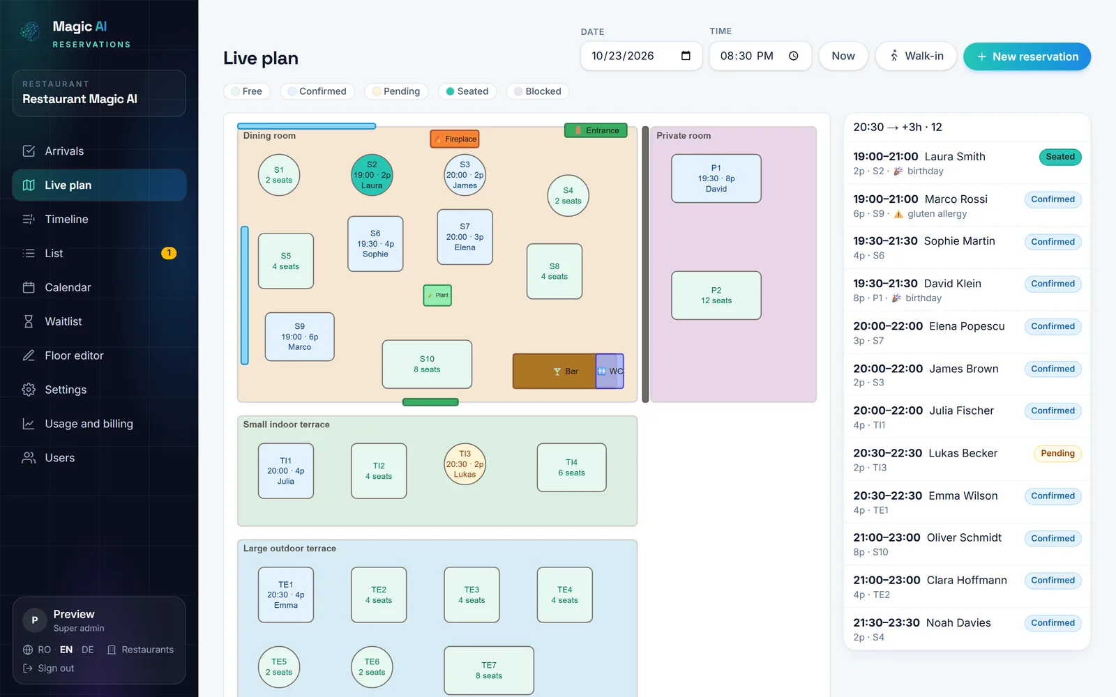 The live floor plan, with a booking on table S3